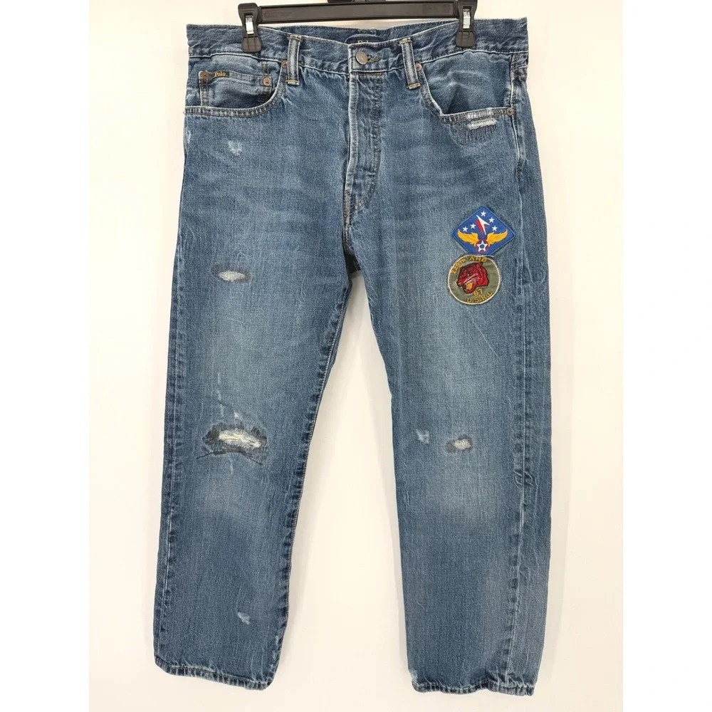 Polo Ralph Lauren Jeans Mens 34 Blue Classic Fit Distressed Military Patches